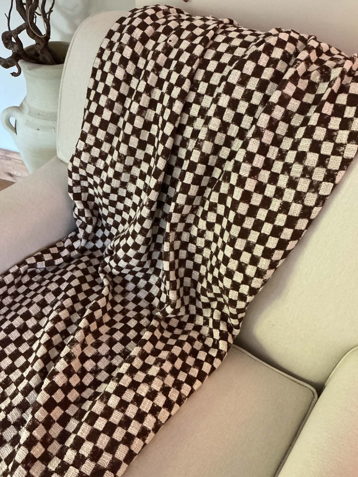 Ashwick Hand Block Printed Check Throw - Dark Brown