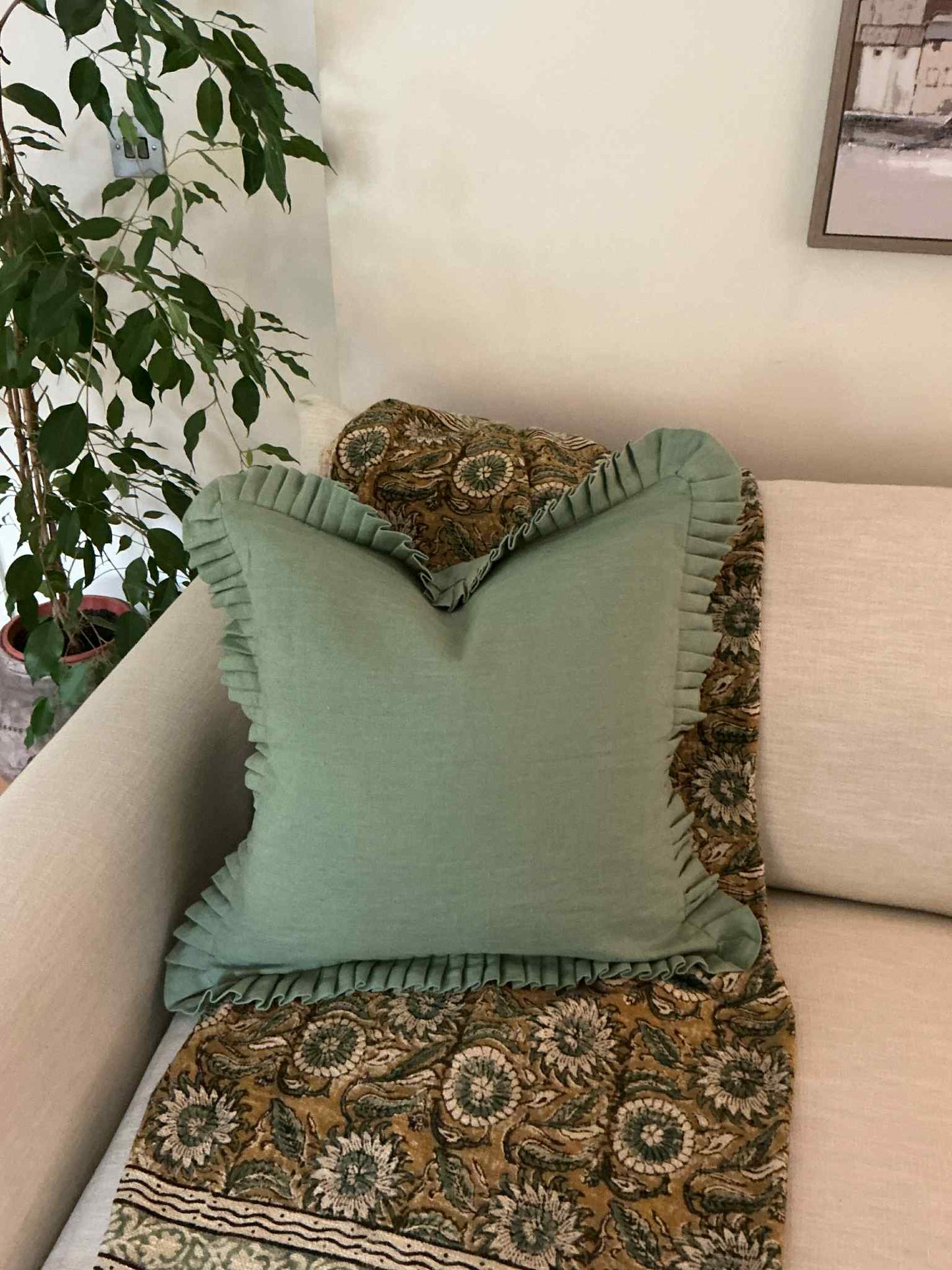 Sea Green Cushion with Frill - 100% Linen