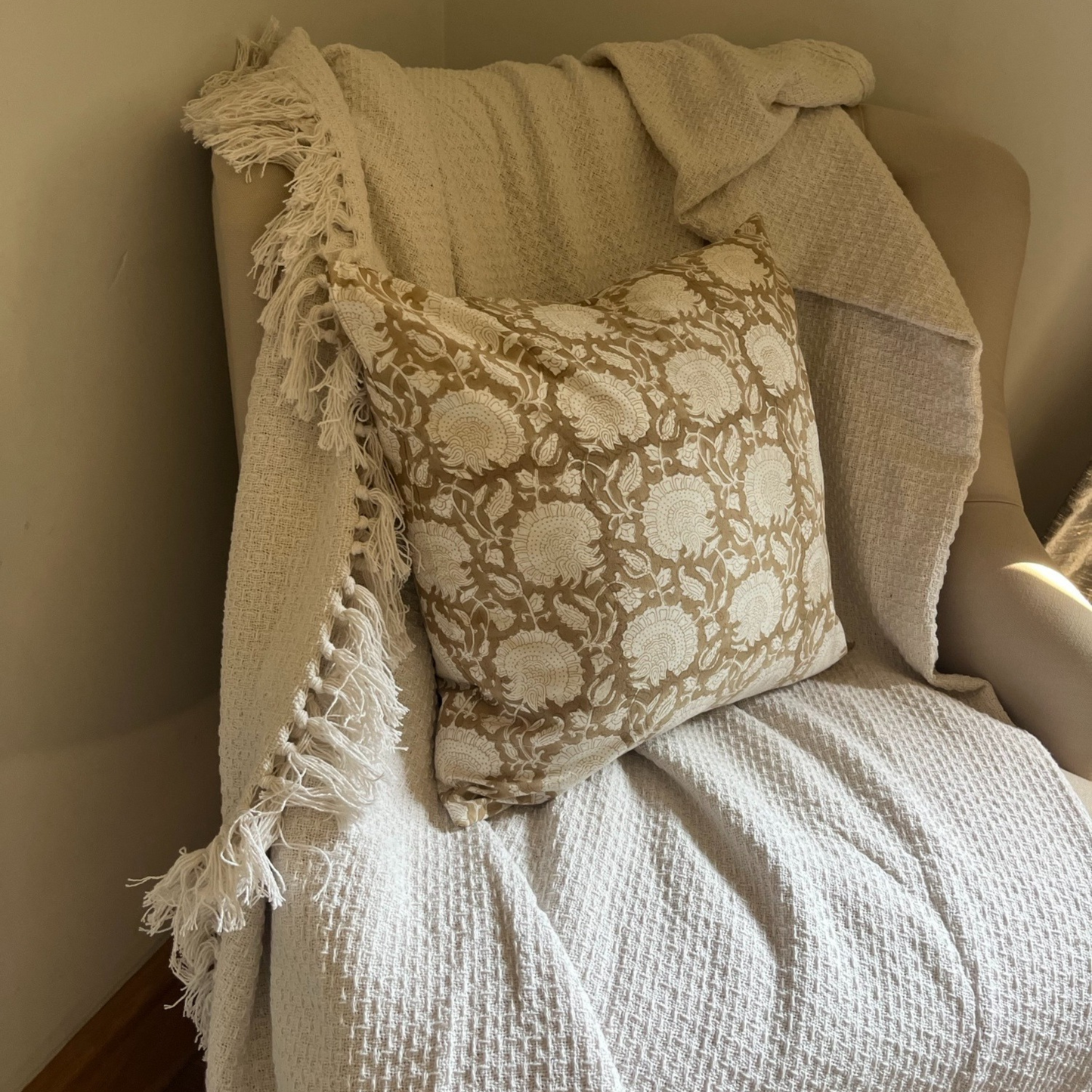 NISHA Hand Block Cushion - Caramel/ Cream