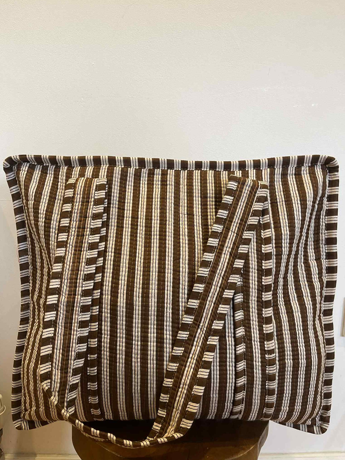 MAY Hand Block Printed Tote Bag - Brown Stripe