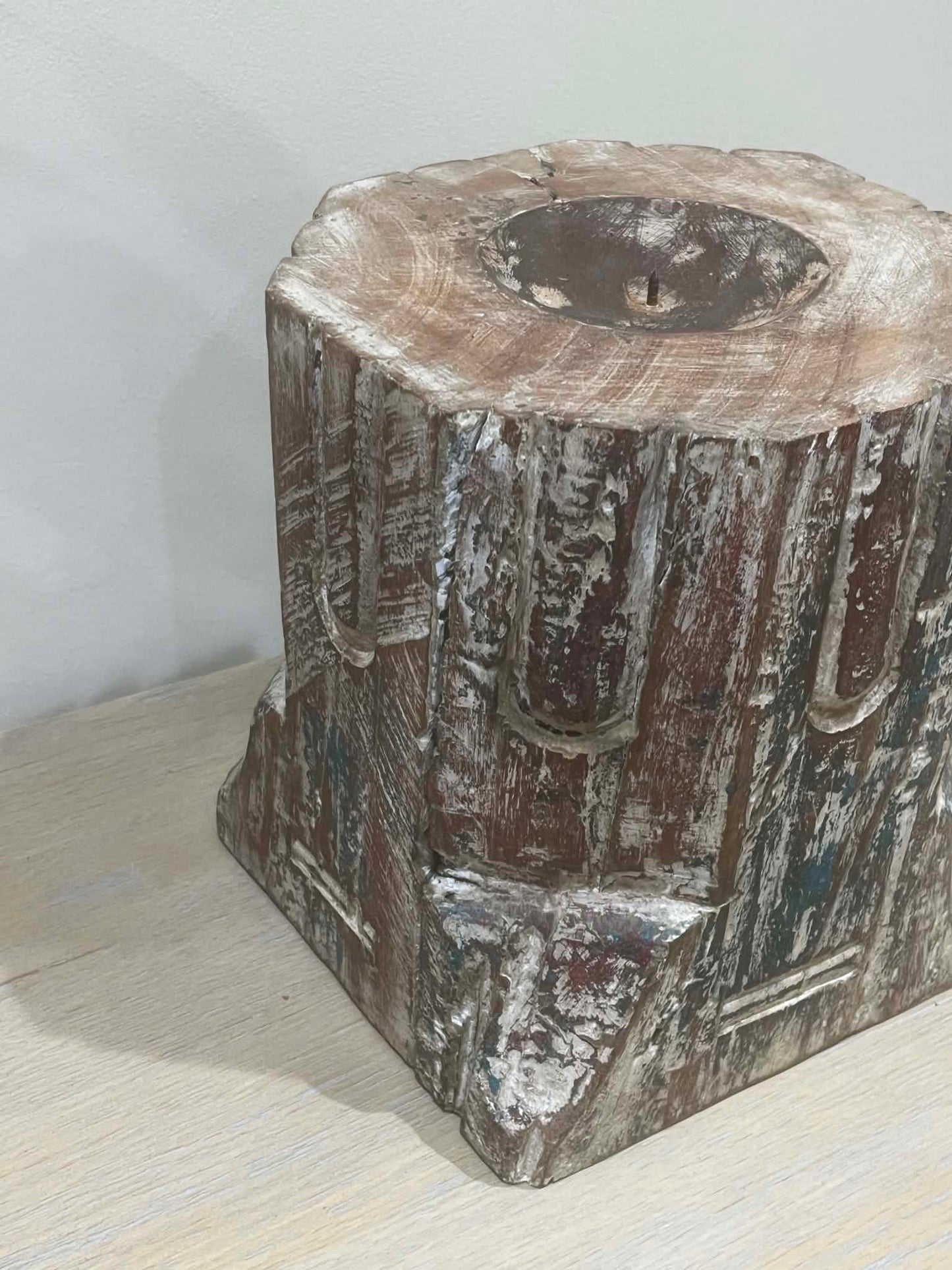 Large Salvaged Hand Carved Indian Pillar Candle Holder (H)