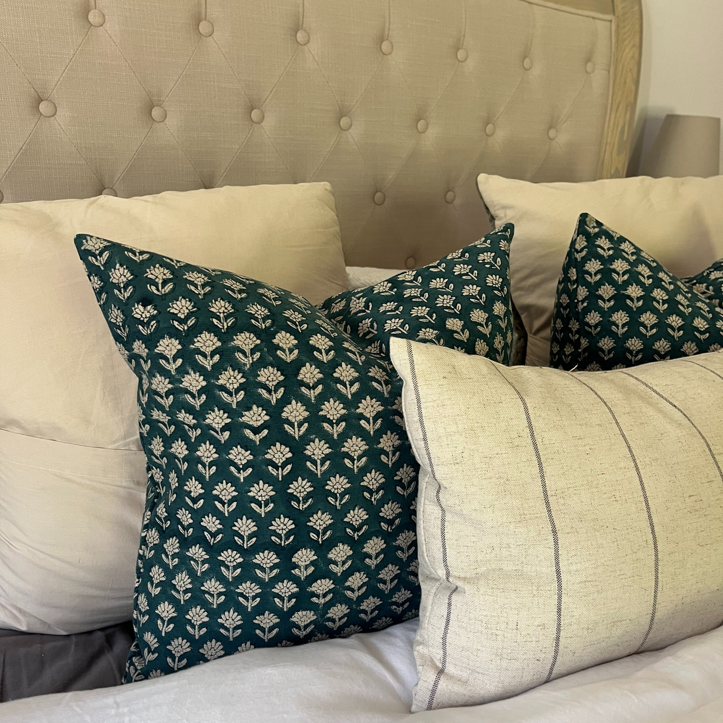 INDIA Hand Block Printed Cushion - Indigo/ Stone