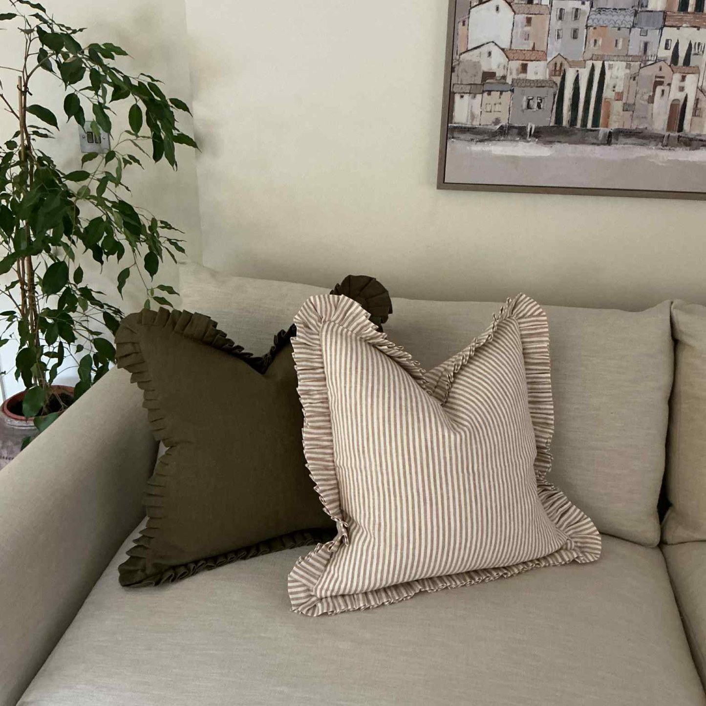 Warm Beige Cushion Cover with Frill - 100% Linen