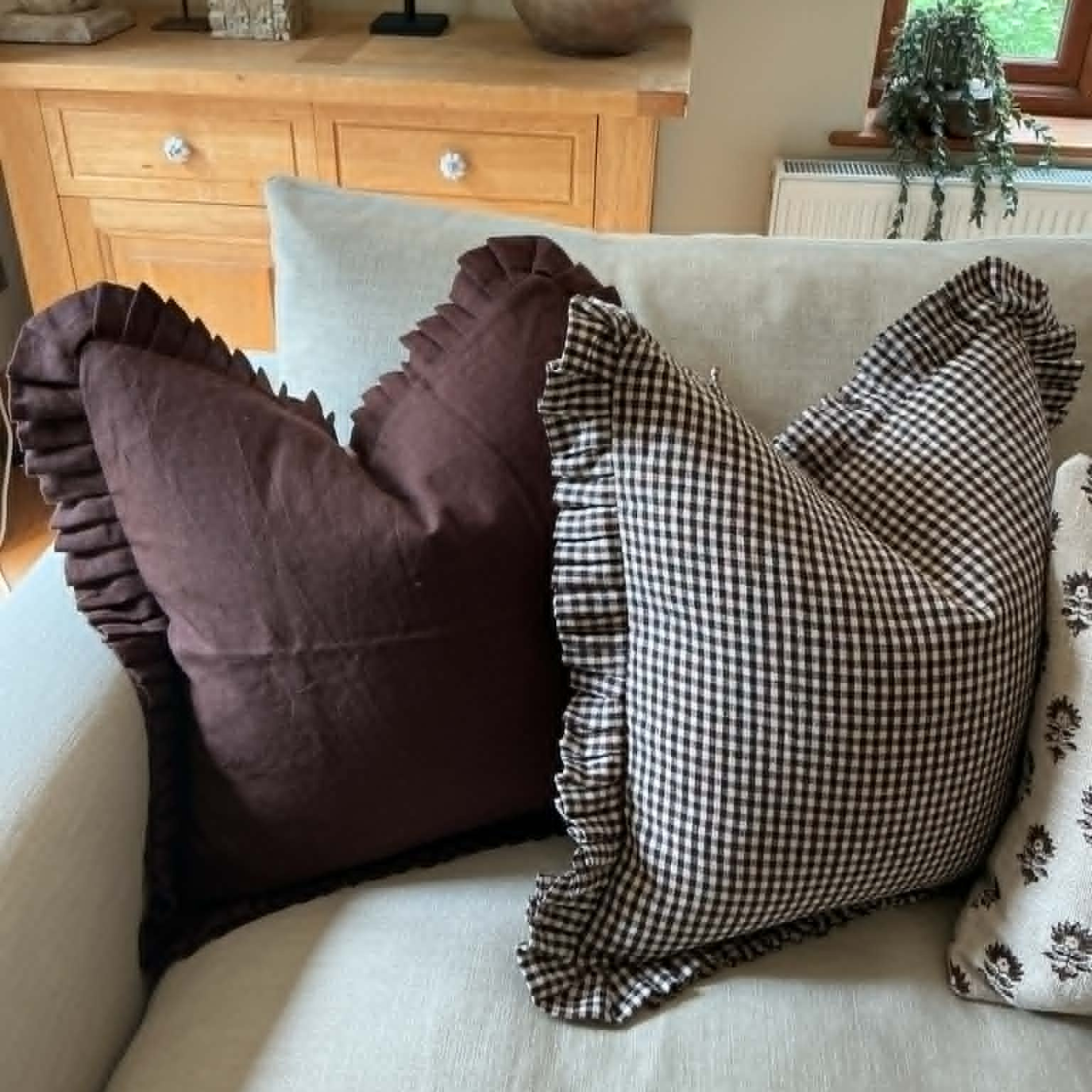 Dark Brown Gingham Cushion Cover with Frill – 100% Linen