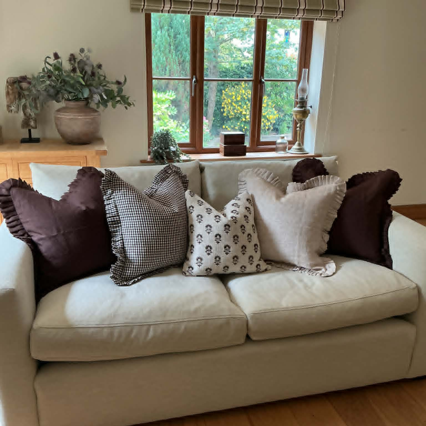 Dark Brown Gingham Cushion Cover with Frill – 100% Linen