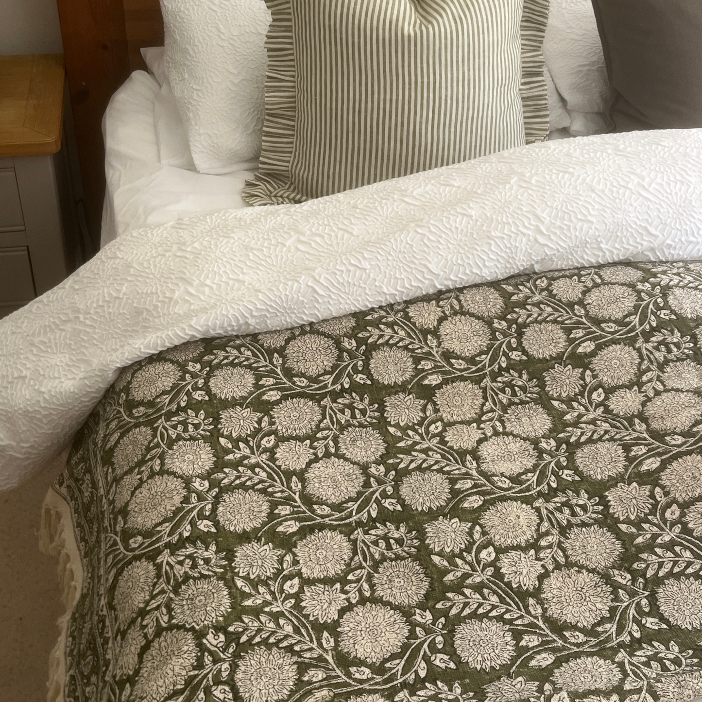 EMILY Hand Block Printed Throw - Olive Green