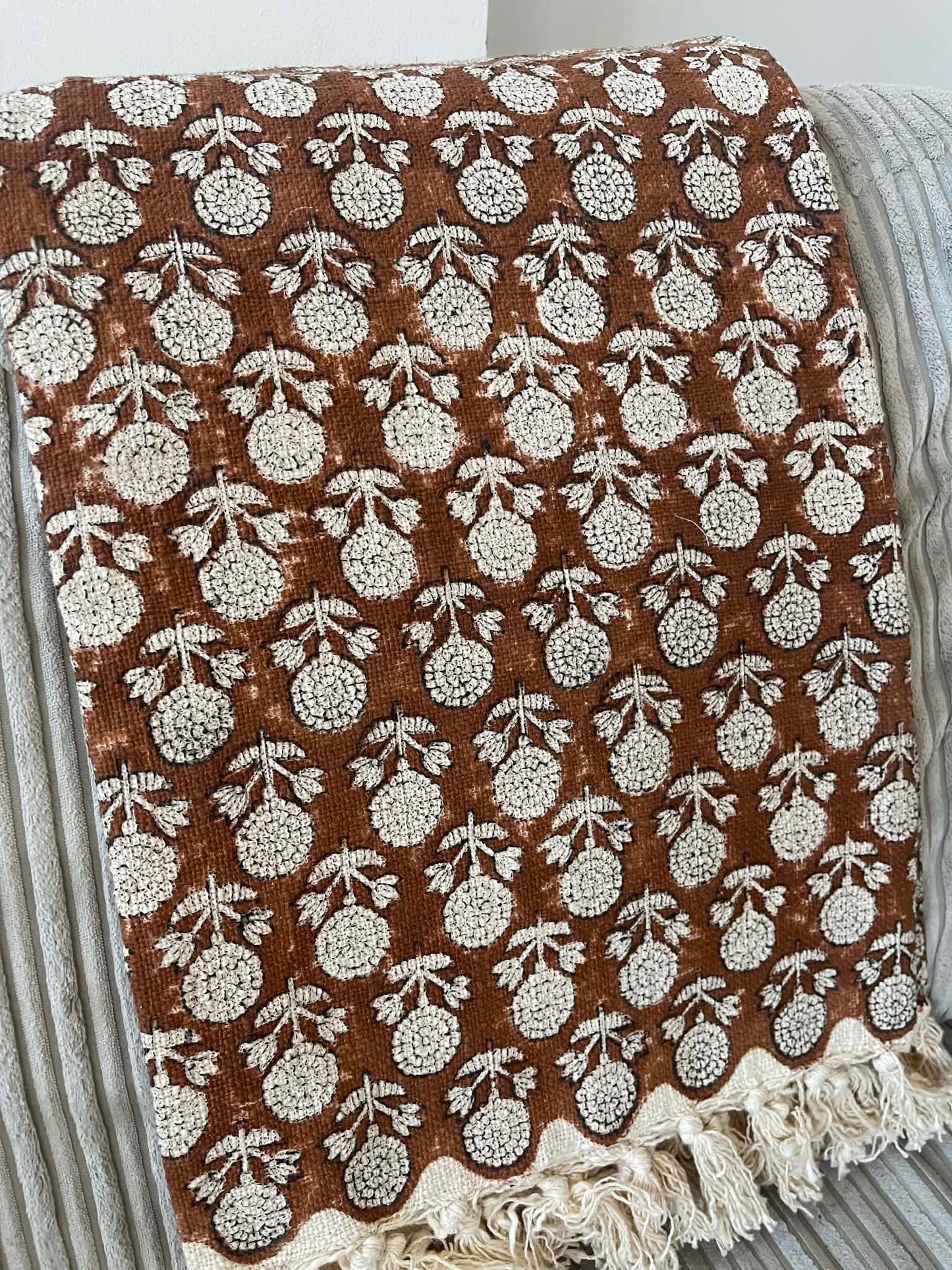 AURORA Hand Block Printed Throw - Brown/ Stone