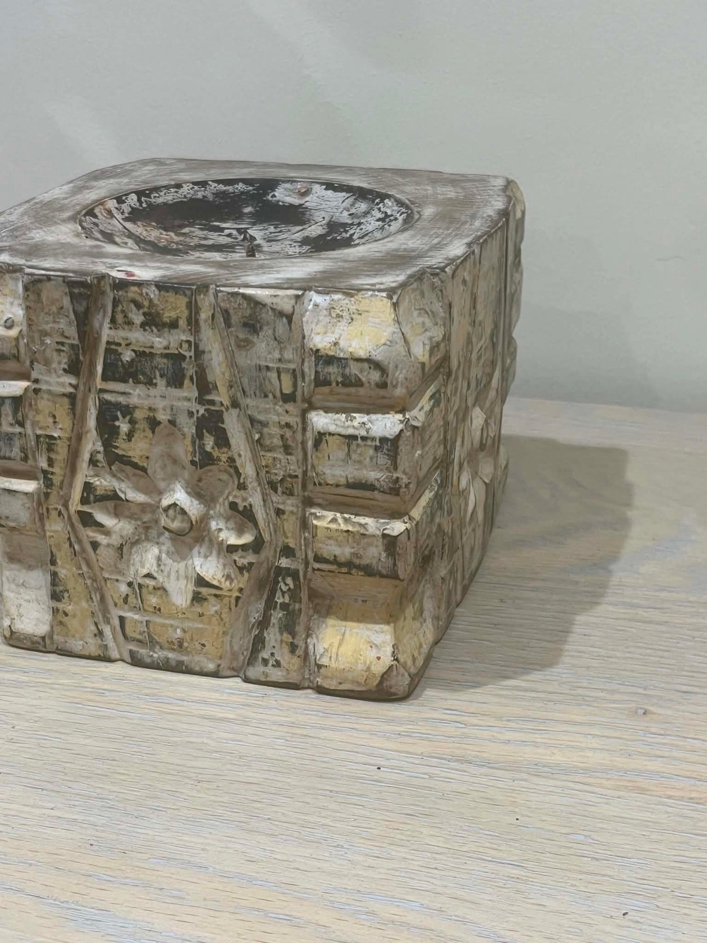 Salvaged Hand Carved Indian Pillar Candle Holder (D)
