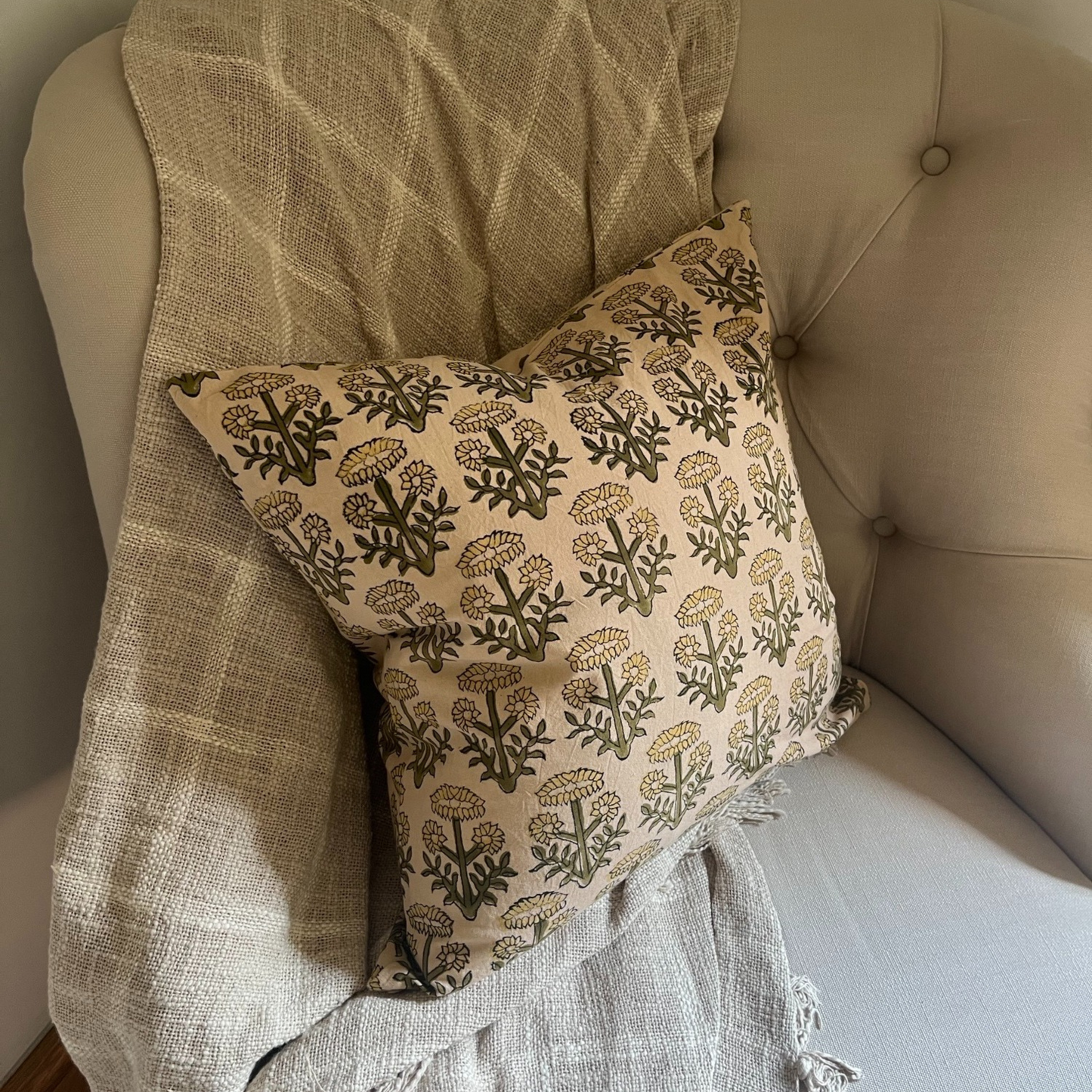 FLORA Hand Block Cushion - Pink/ Ochre