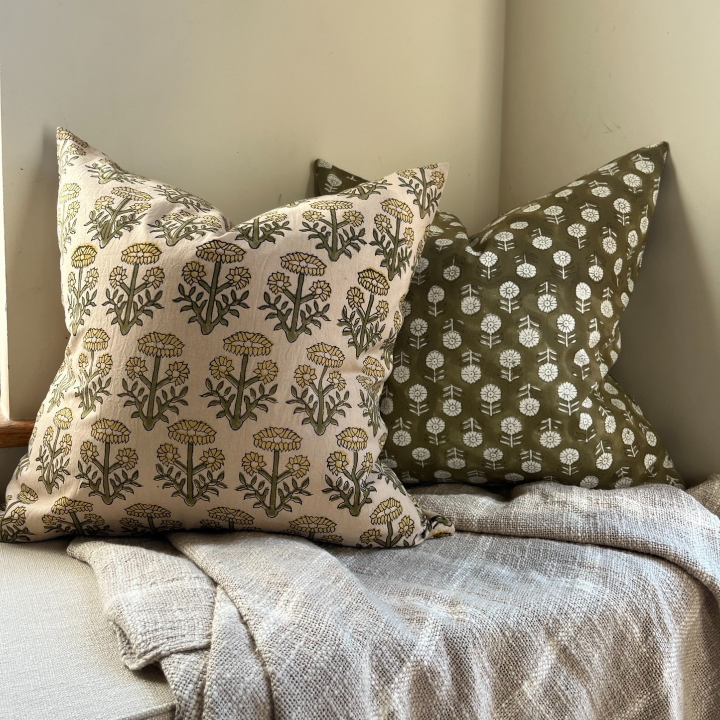 FLORA Hand Block Cushion - Pink/ Ochre