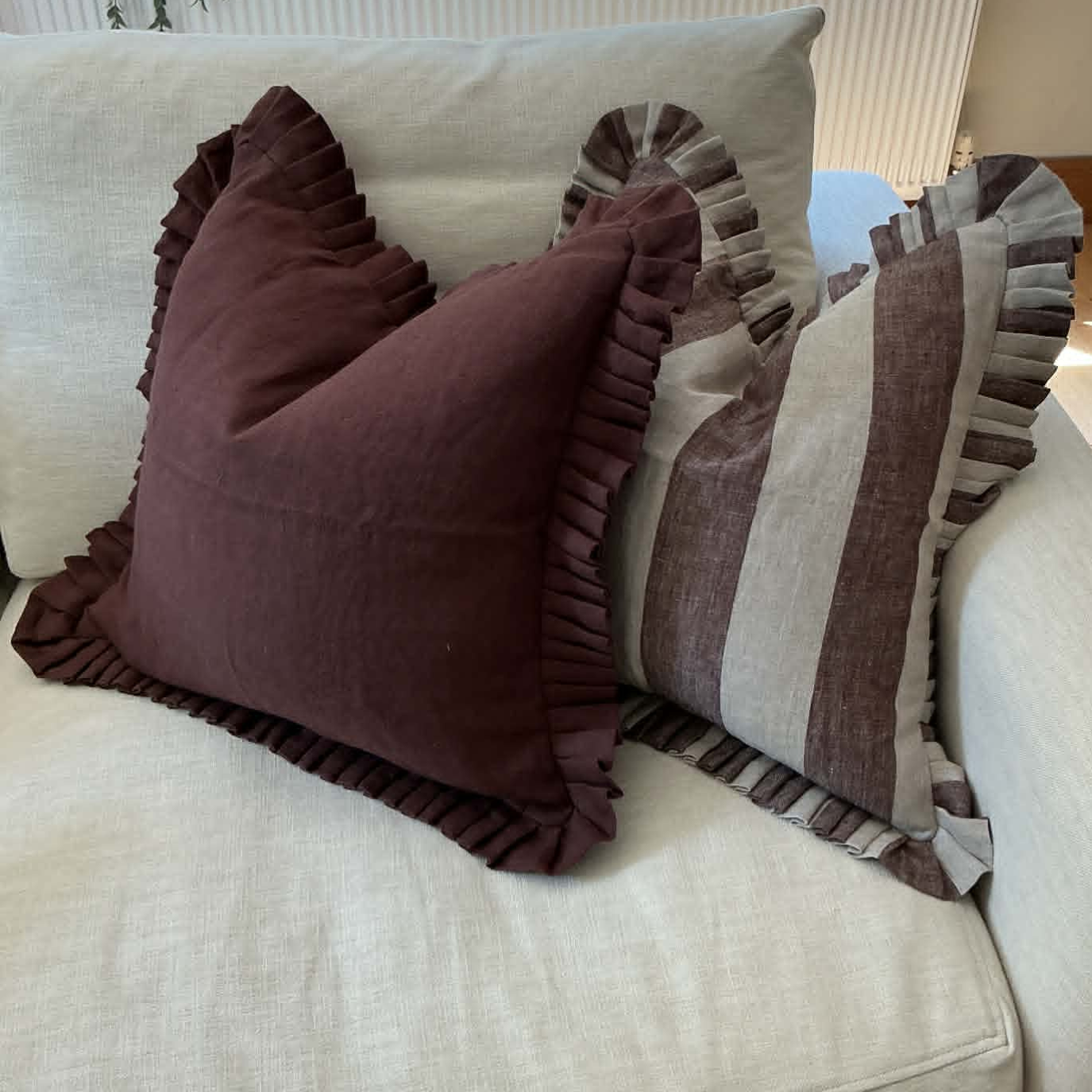 Dark Brown Cushion Cover with Frill – 100% Linen