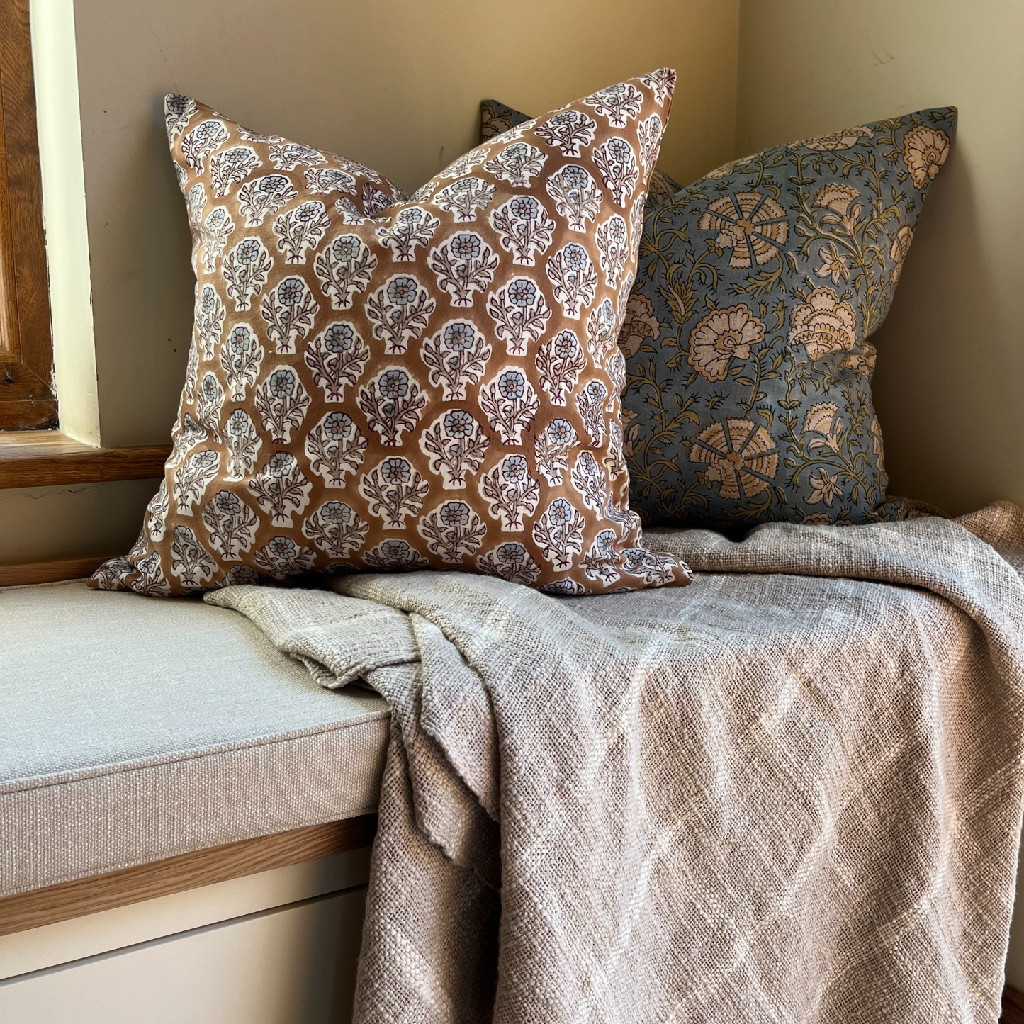 TARA Hand Block Printed Cushion - Brown/ Blue