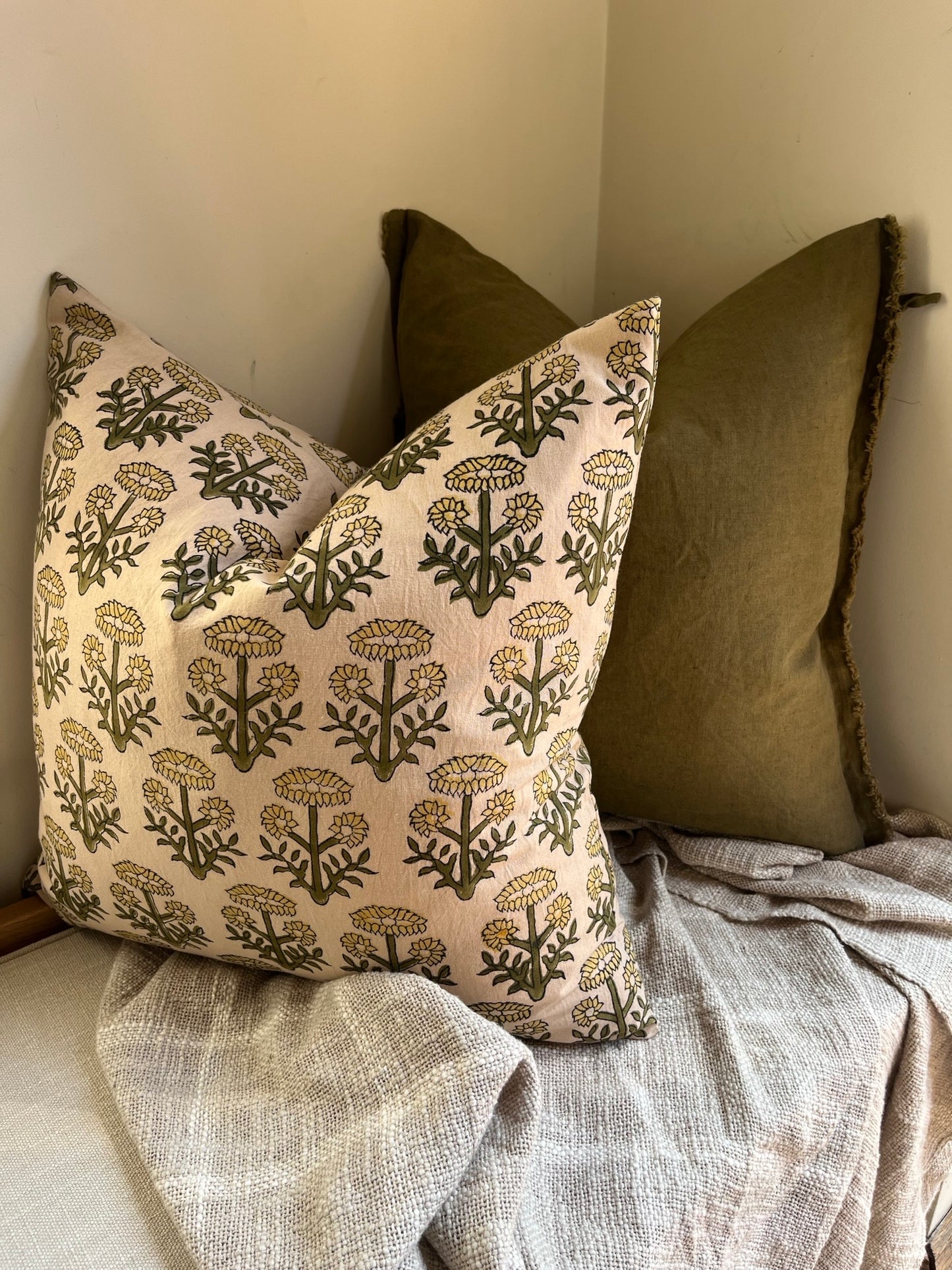 FLORA Hand Block Cushion - Pink/ Ochre