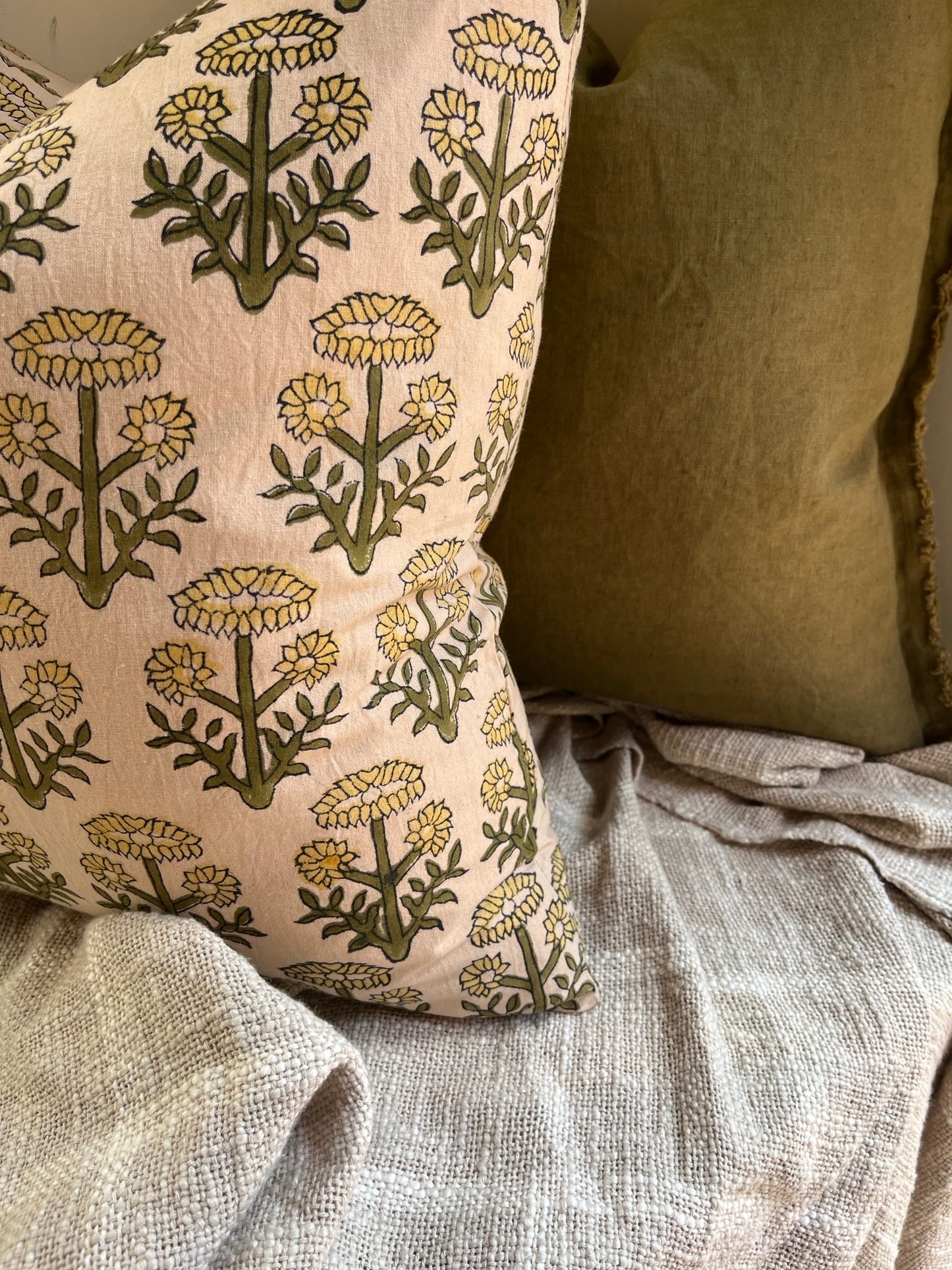 FLORA Hand Block Cushion - Pink/ Ochre