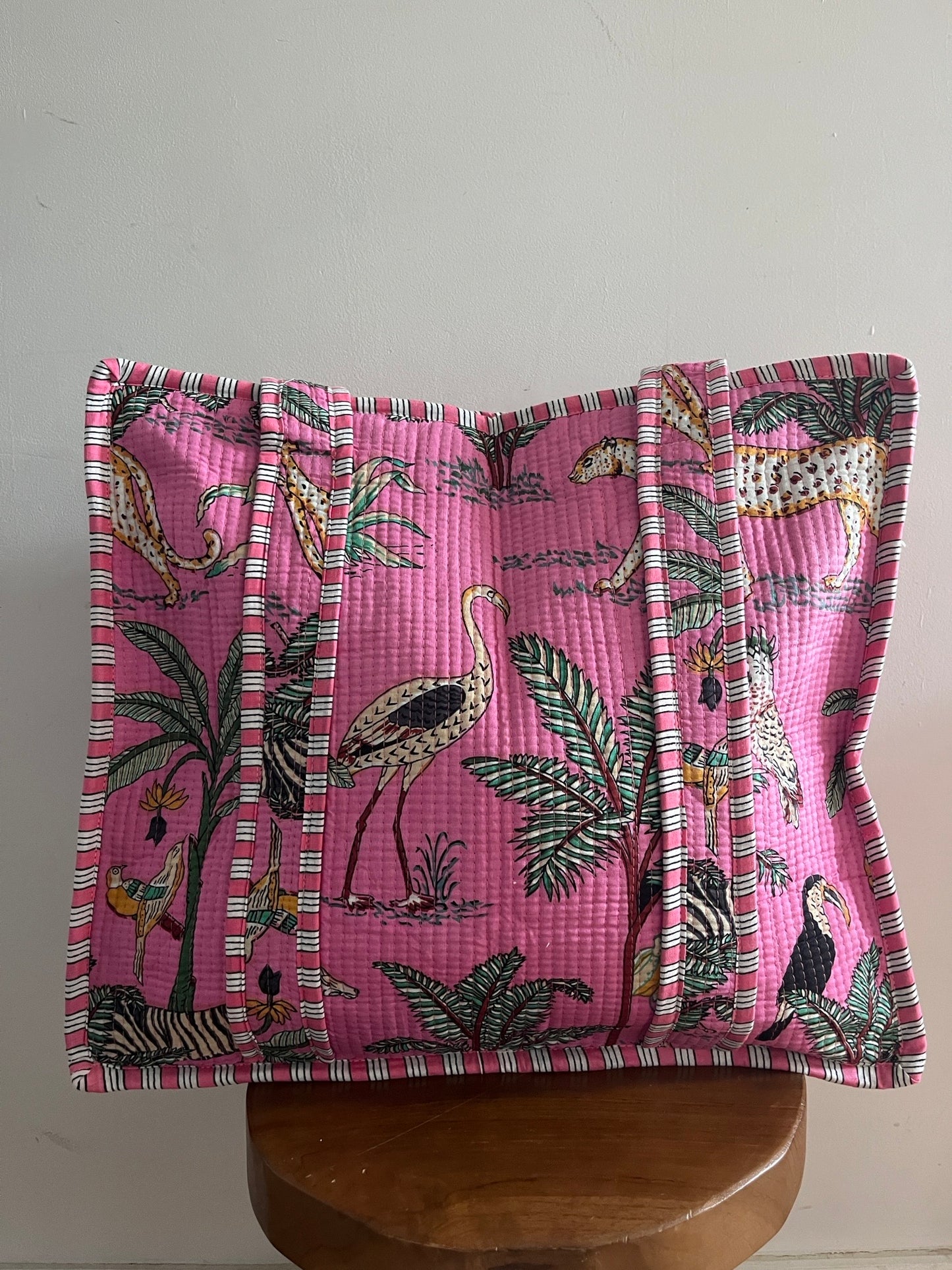 HALLIE Hand Block Printed Tote Bag - Pink Safari