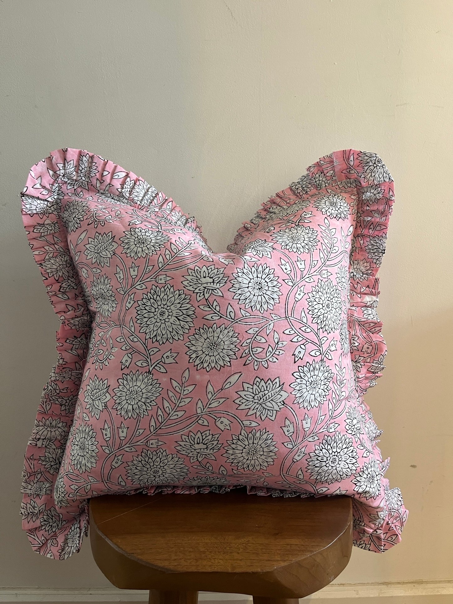 HATTIE Hand Block Print Floral Cushion - Pink