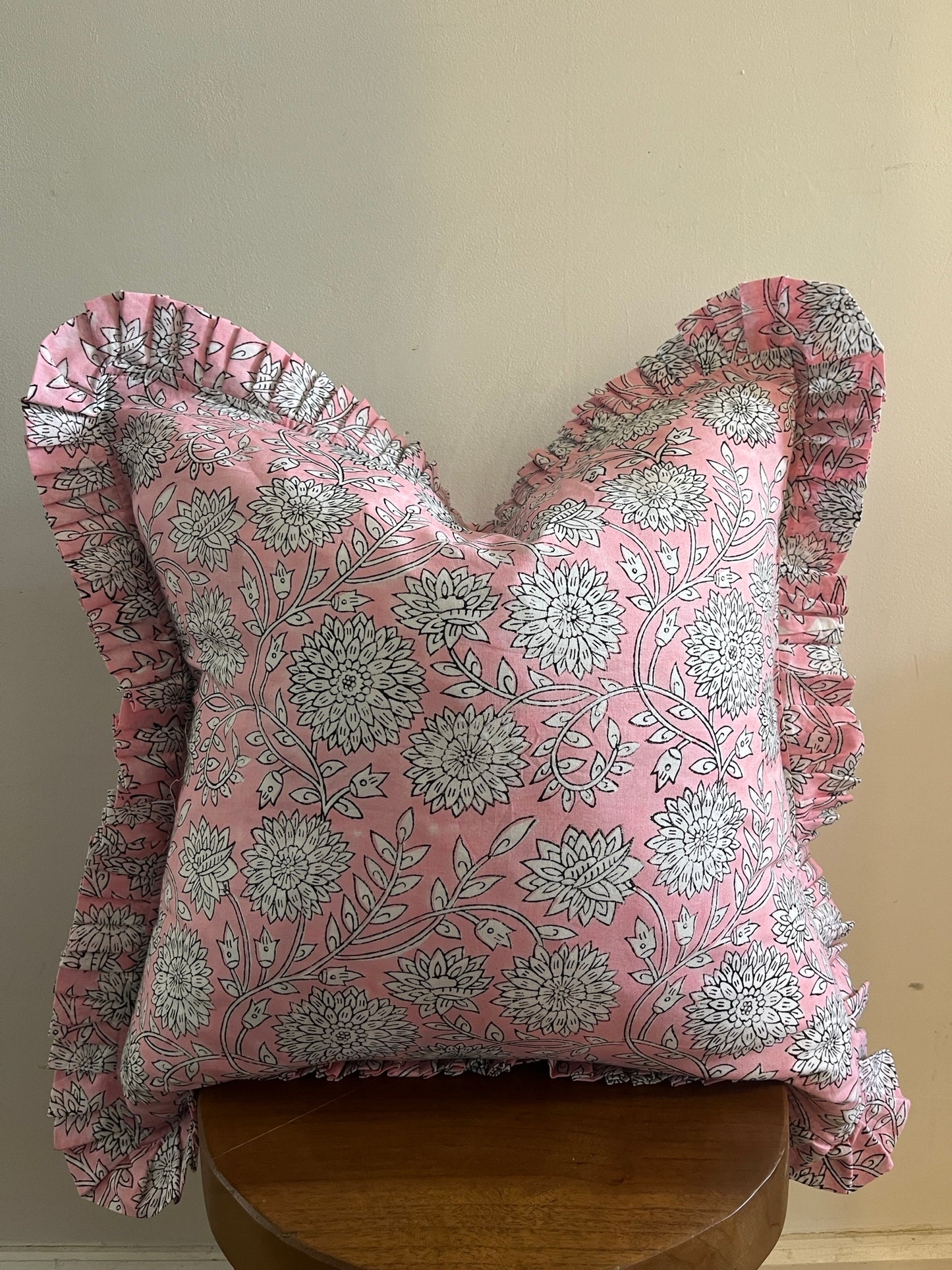 HATTIE Hand Block Print Floral Cushion - Pink