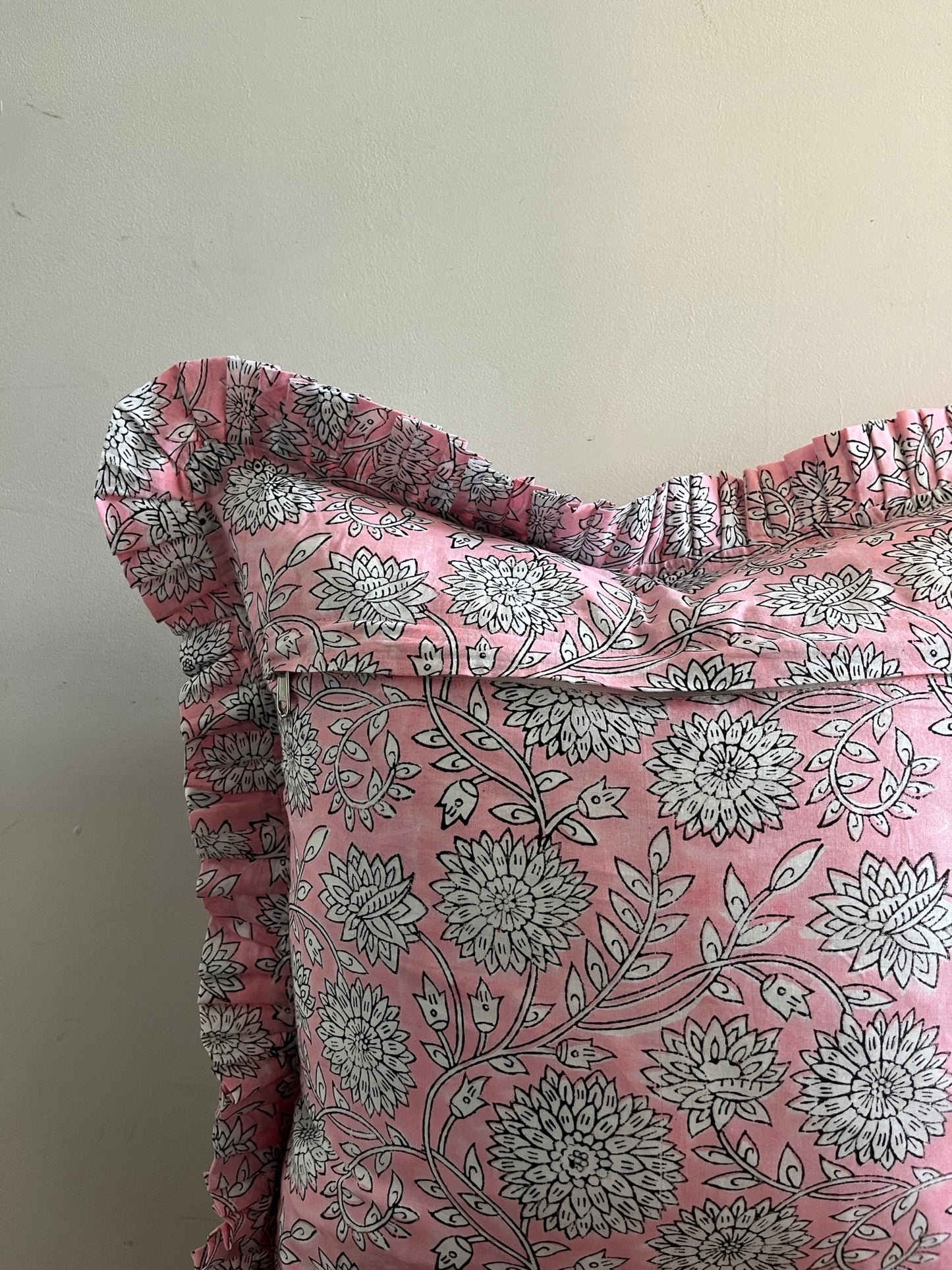 HATTIE Hand Block Print Floral Cushion - Pink