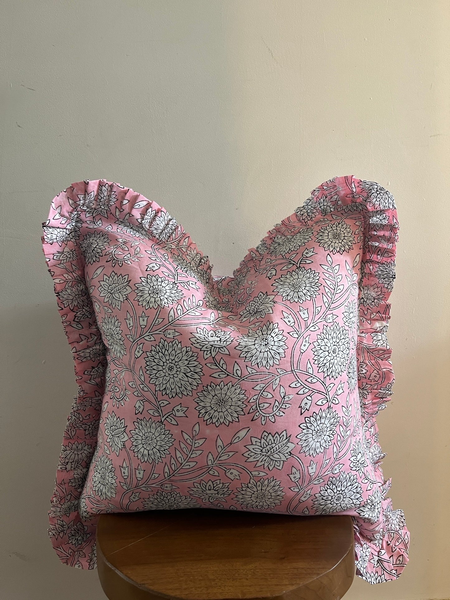 HATTIE Hand Block Print Floral Cushion - Pink