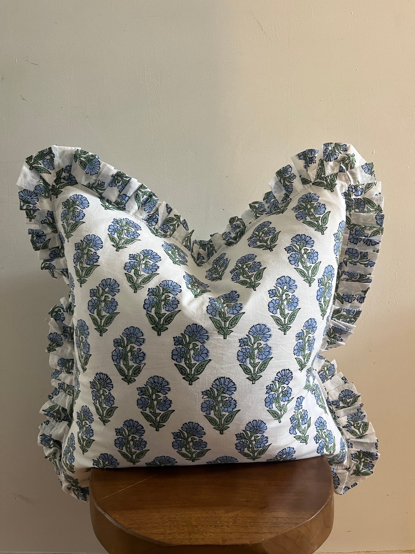 Florina Hand Block Print Floral Cushion - Blue