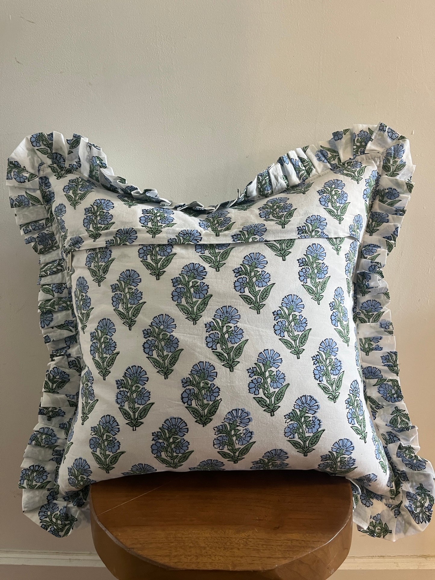 Florina Hand Block Print Floral Cushion - Blue