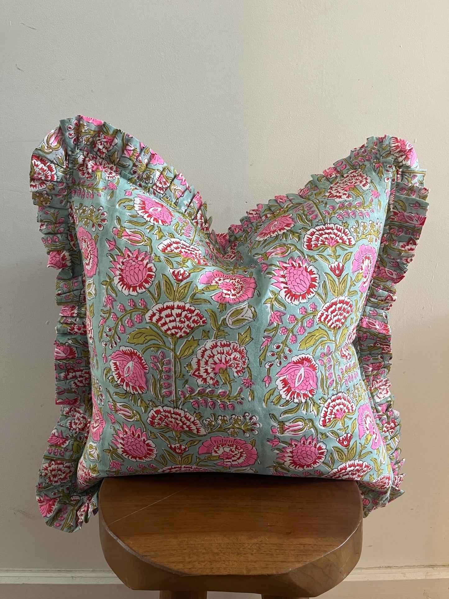 AMANI Hand Block Print Floral Cushion - Green/ Pink