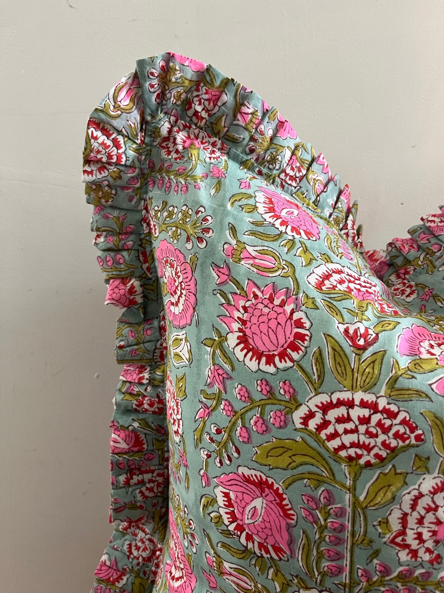 AMANI Hand Block Print Floral Cushion - Green/ Pink