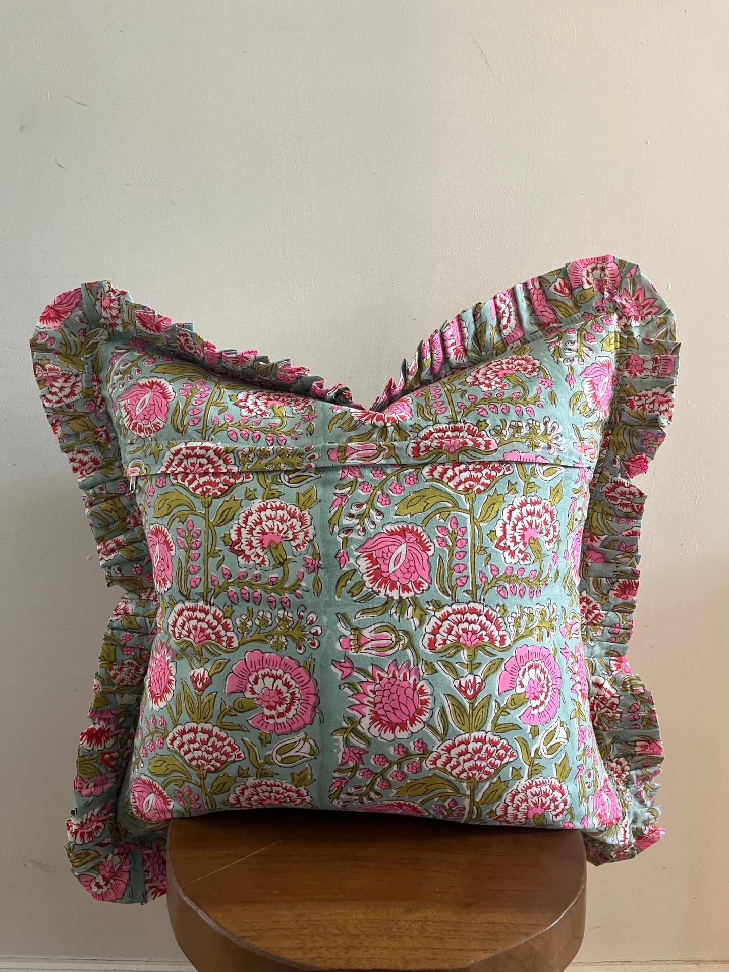 AMANI Hand Block Print Floral Cushion - Green/ Pink