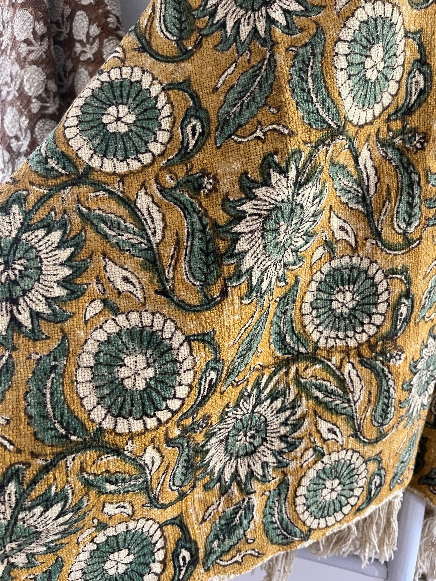 SUNDRA Hand Block Printed Throw - Mustard/ Sea Green