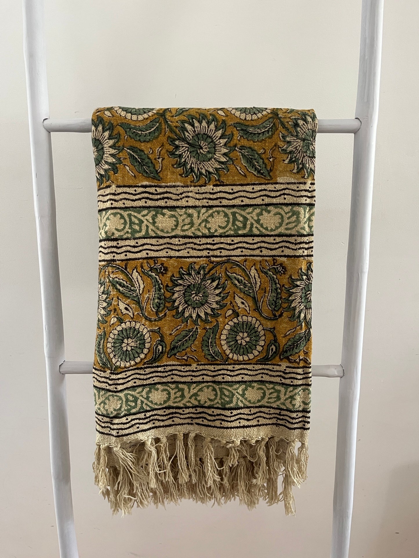 SUNDRA Hand Block Printed Throw - Mustard/ Sea Green