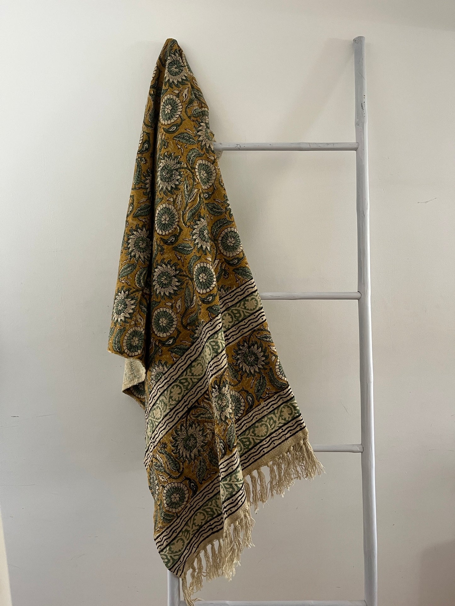 SUNDRA Hand Block Printed Throw - Mustard/ Sea Green
