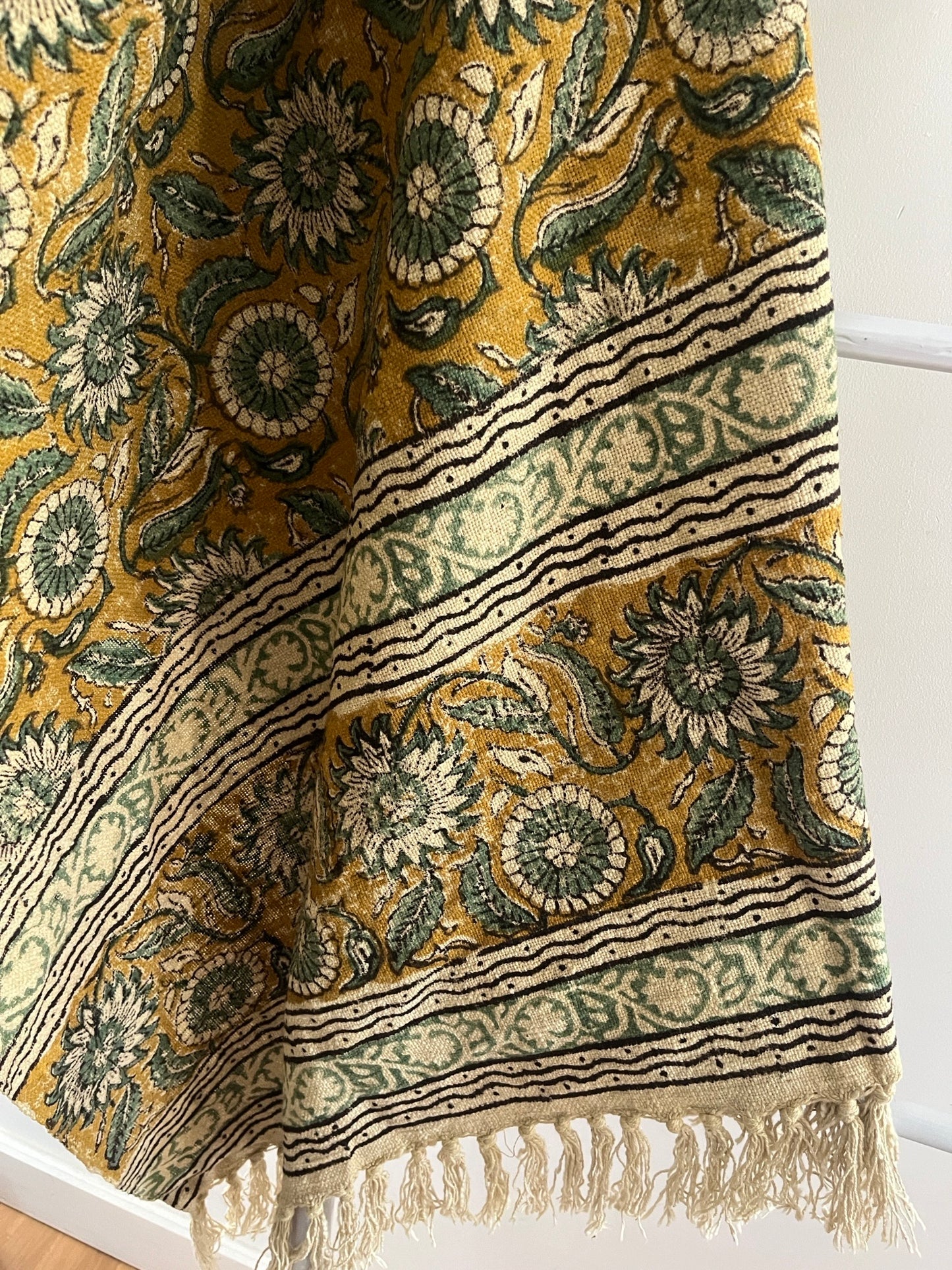 SUNDRA Hand Block Printed Throw - Mustard/ Sea Green