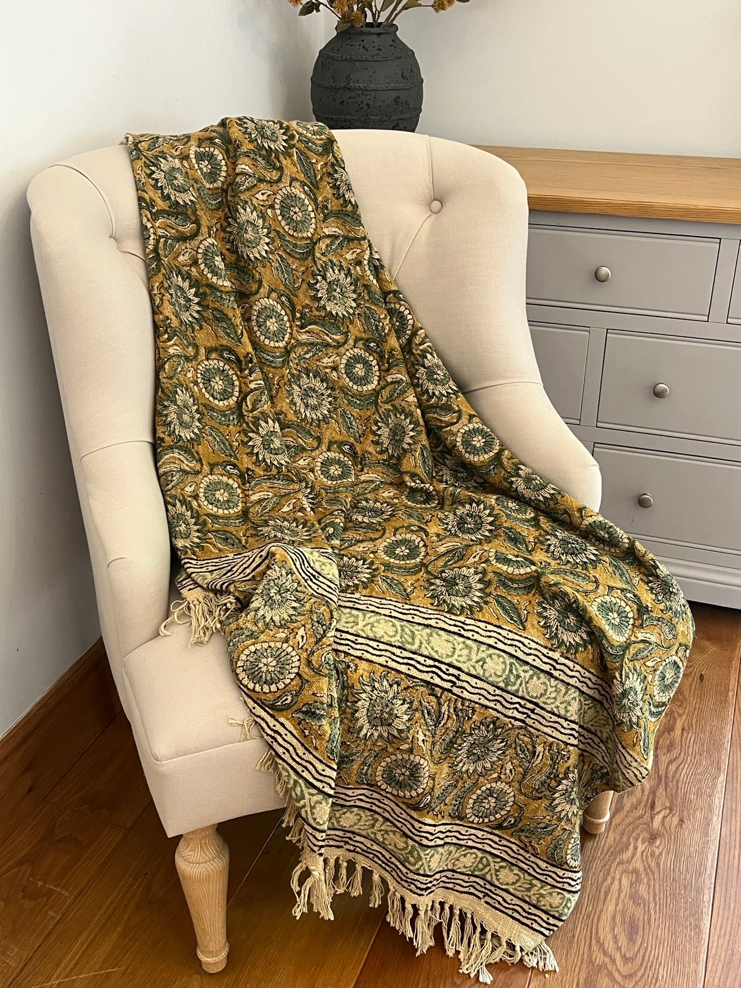 SUNDRA Hand Block Printed Throw - Mustard/ Sea Green