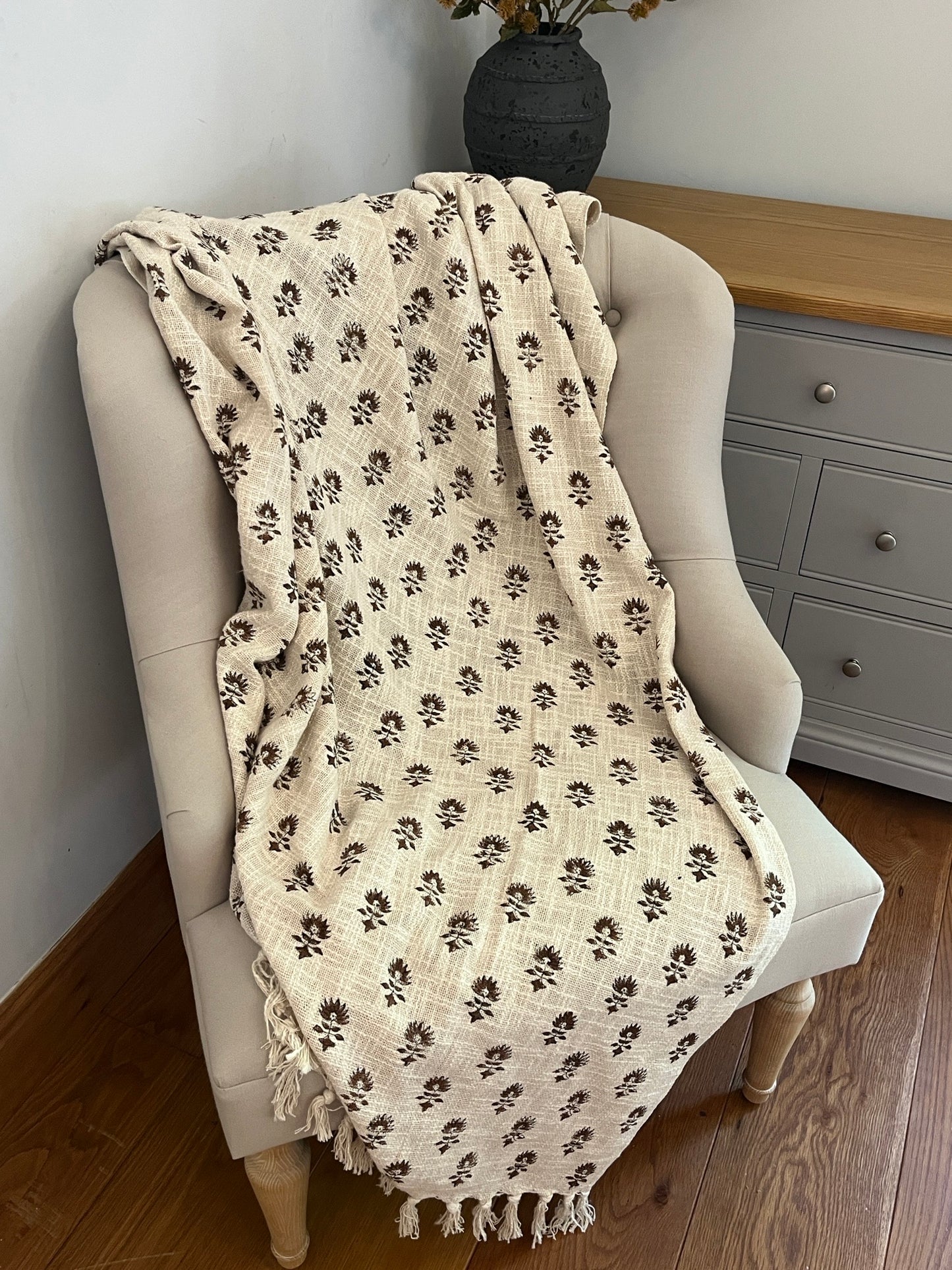 LARA Hand Block Printed Throw - Brown/ Cream