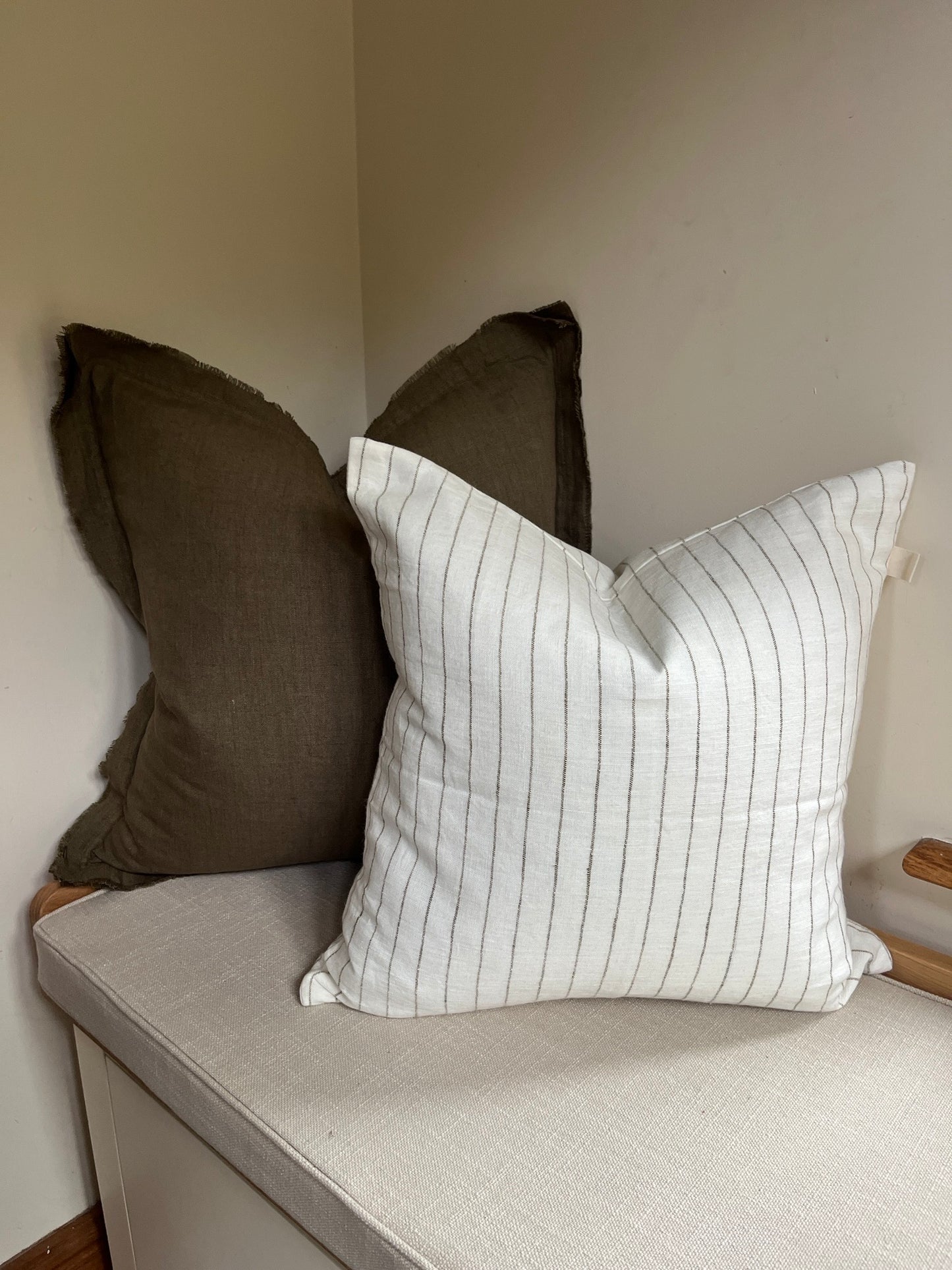 White & Olive Stripe Cushion – 100% Linen