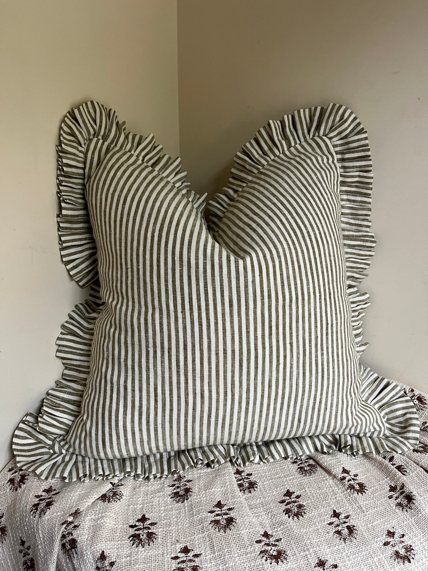 Woodland Stripe Cushion with Frill – 100% Linen