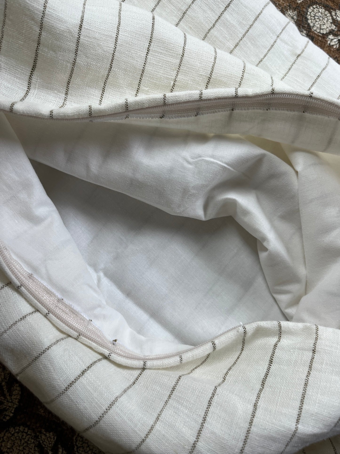 White & Olive Stripe Cushion – 100% Linen