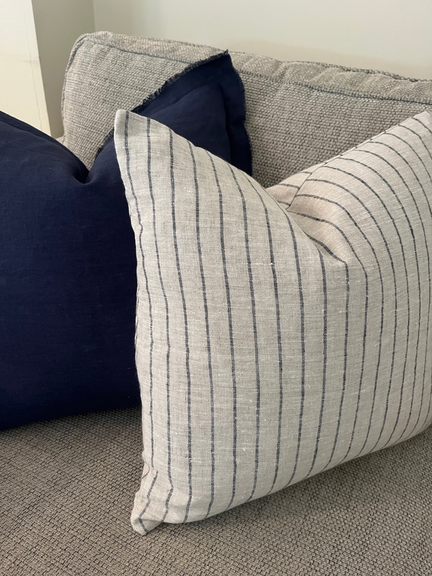 Grey & Navy Stripe Cushion – 100% Linen