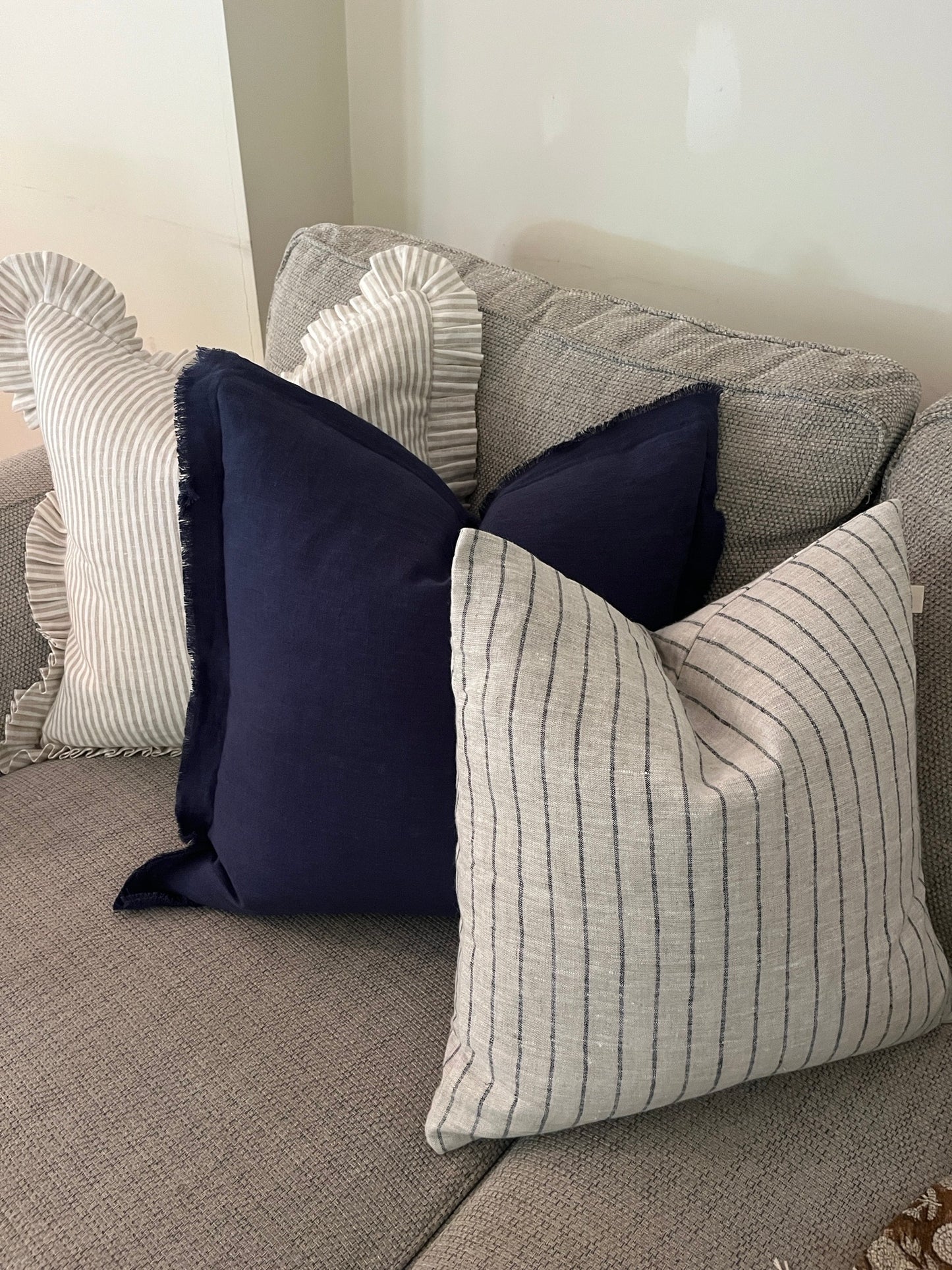 Grey & Navy Stripe Cushion – 100% Linen