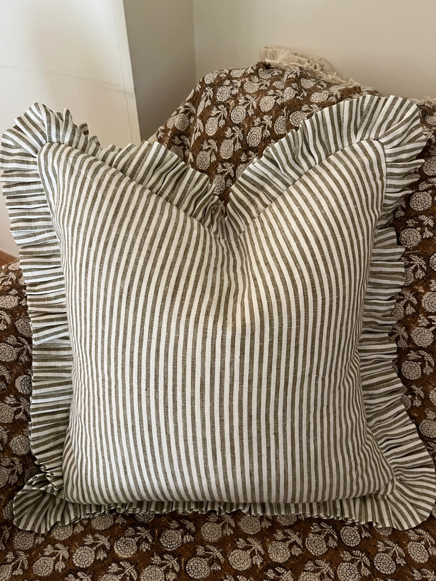 Woodland Stripe Cushion with Frill – 100% Linen
