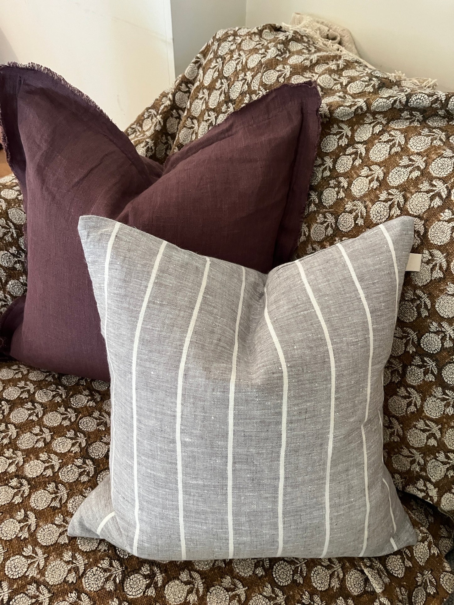 Grey & White Stripe Cushion – 100% Linen
