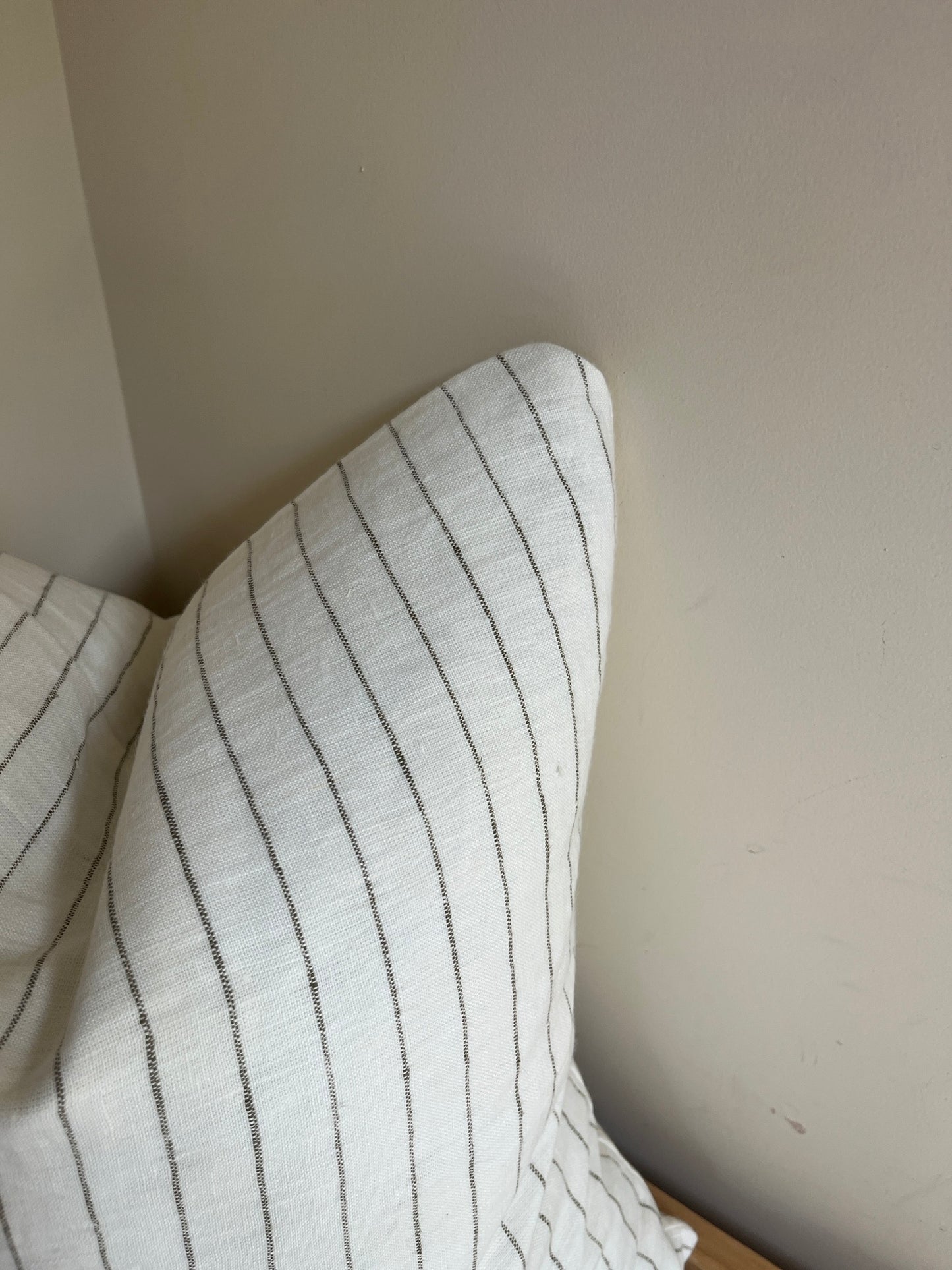 White & Olive Stripe Cushion – 100% Linen