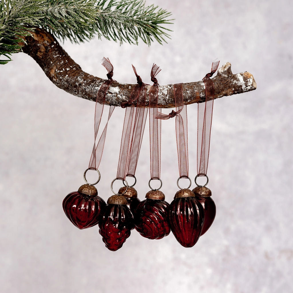 Set of 6 Small Mixed Design Burgundy Baubles