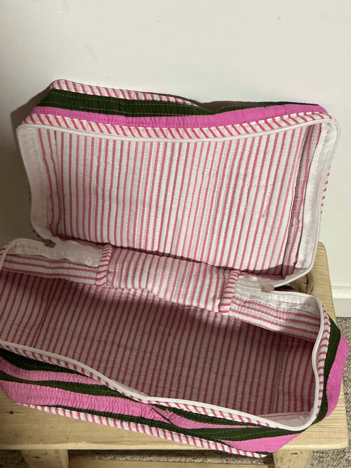 Green & Pink Stripe Cosmetic Utility Bag
