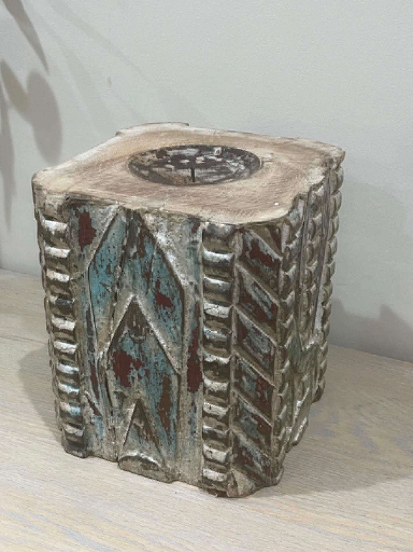 Large Salvaged Hand Carved Indian Pillar Candle Holder (I)