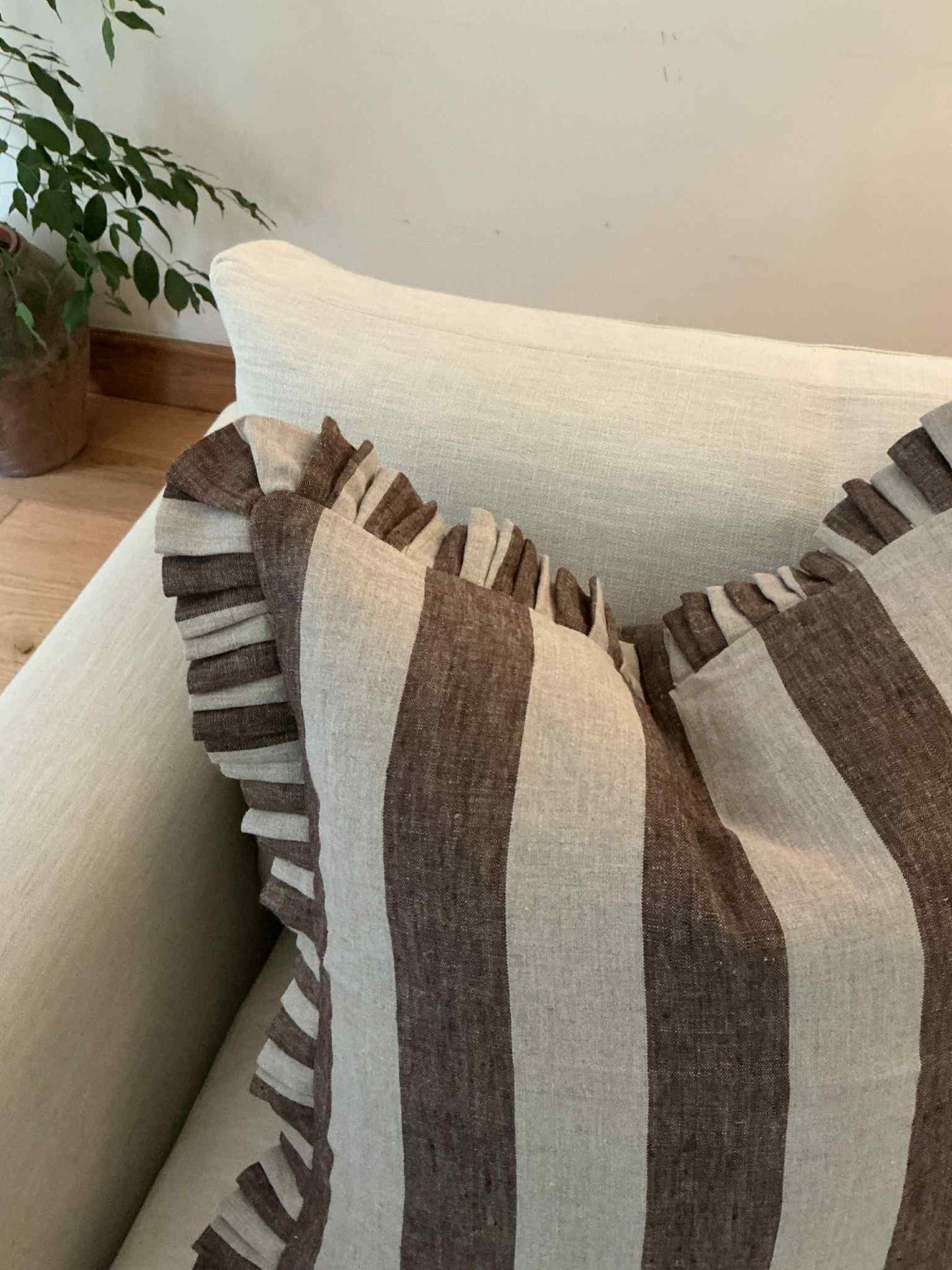 Greige Brown Stripe Cushion with Frill - 100% Linen