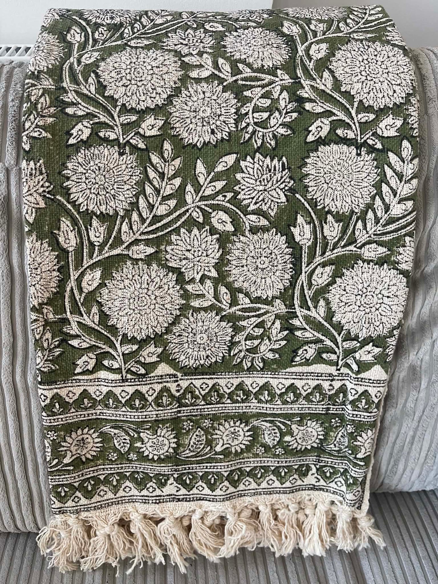 EMILY Hand Block Printed Throw - Olive Green