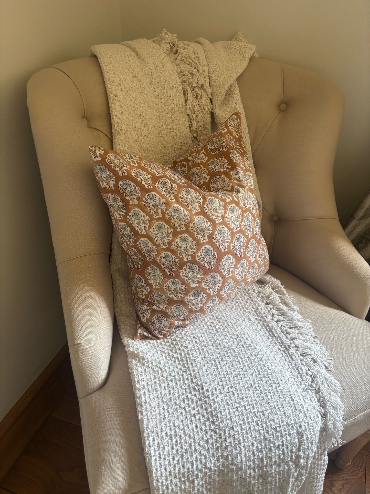 TARA Hand Block Printed Cushion - Brown/ Blue