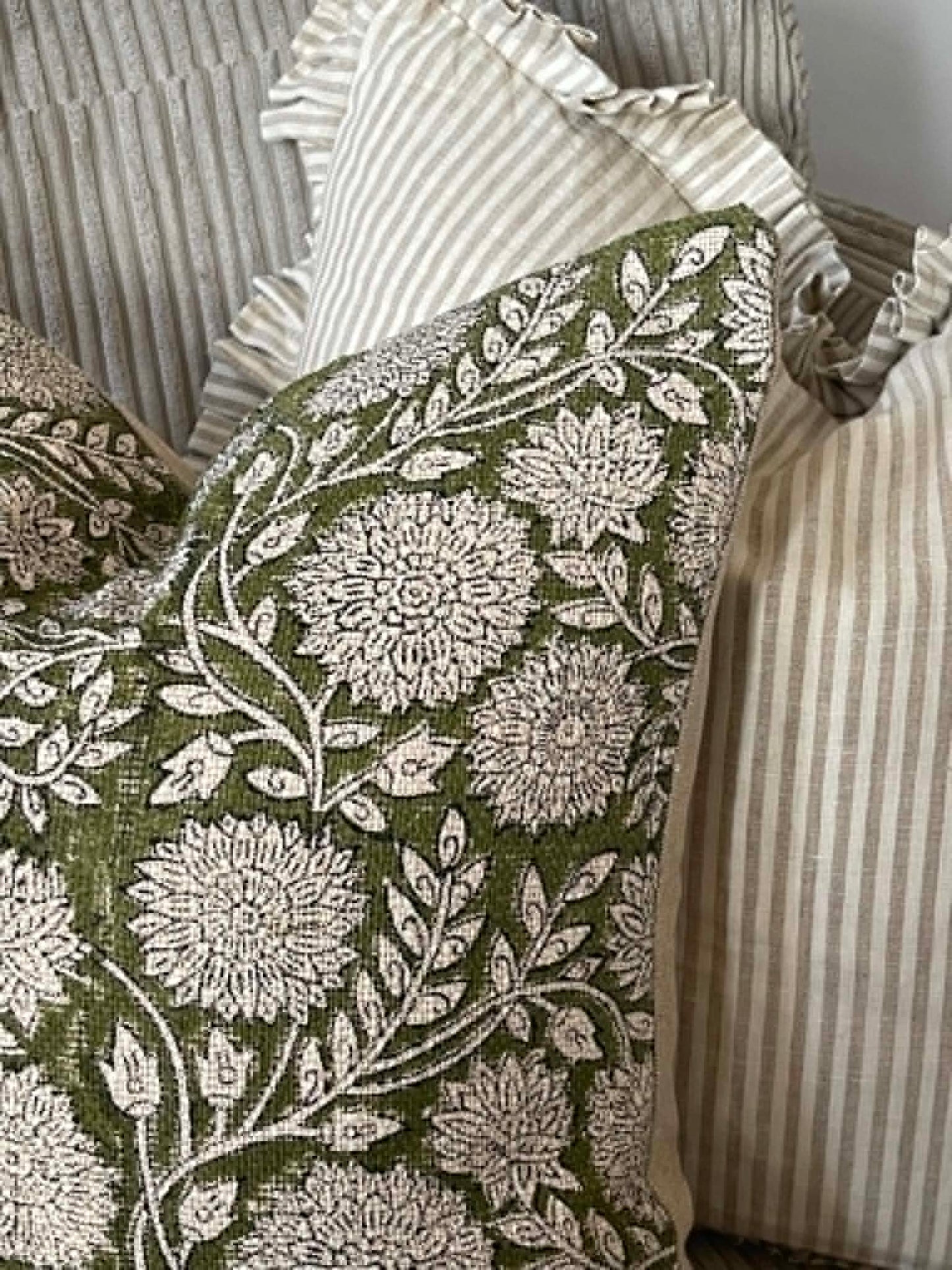 Emily Hand Block Printed Cushion - Olive Green