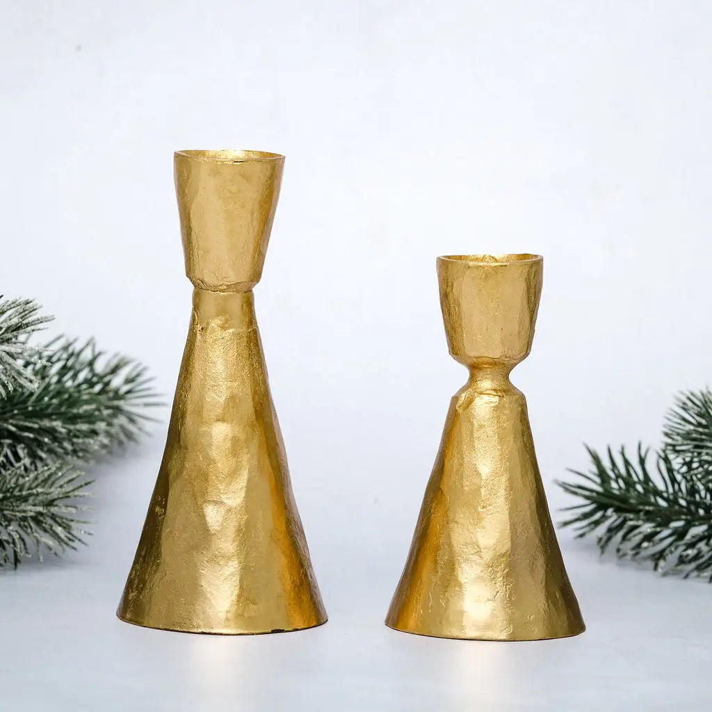 Gold Metal Hammered Candlestick Holders – Set of 2